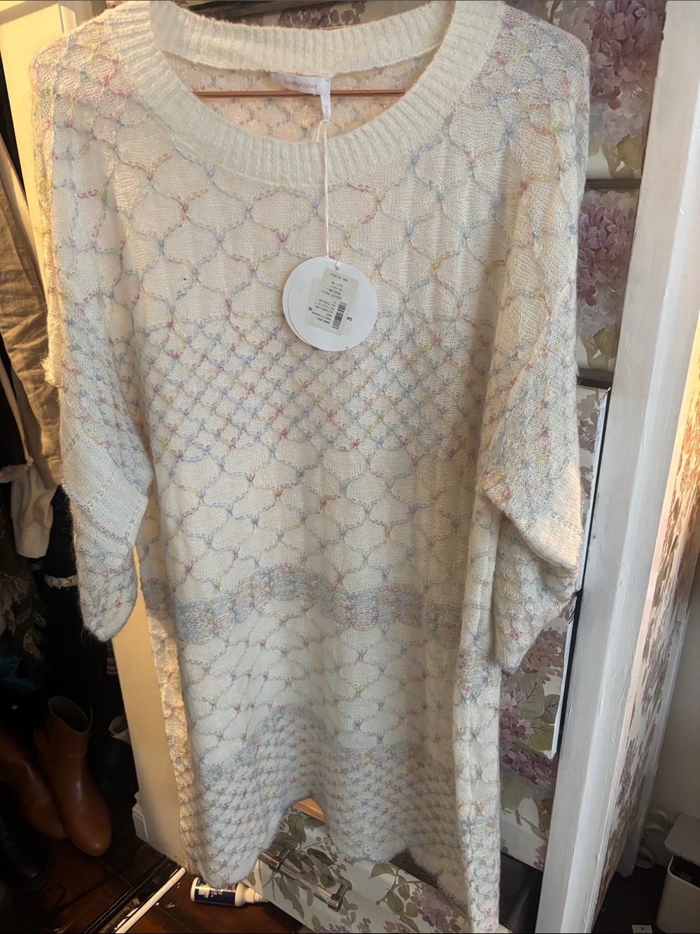 See By Chloe Cream Crewneck Sweater with Pastel Speckle